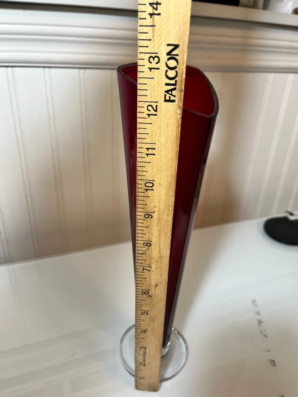 Vintage Ruby Red Art Glass Vase Triangular Asymmetrical MCM Clear Pedestal 13